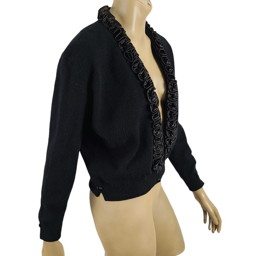 Dalton Cashmere Cardigan Vintage 50s Pinup Scroll Ruffle Trim Cinch Waist Black - Picture 7 of 16